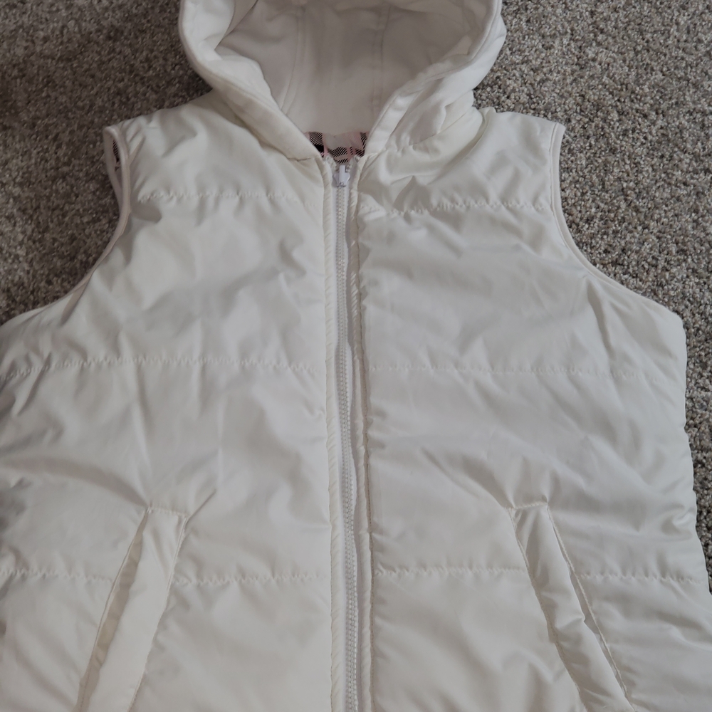 Vanity White Pink Plaid Reversable Hooded Puffer Vest Sz. L